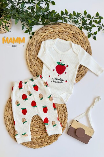 0-9 AY 2Lİ ÇİLEK DESENLİ KOLLU TAKIM BEYAZ