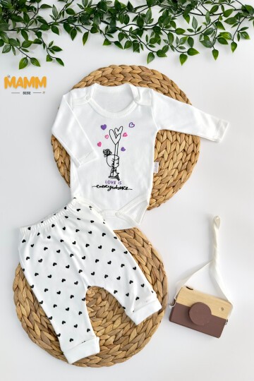 0-9 AY 2Lİ KALP DESENLİ KOLLU TAKIM BEYAZ