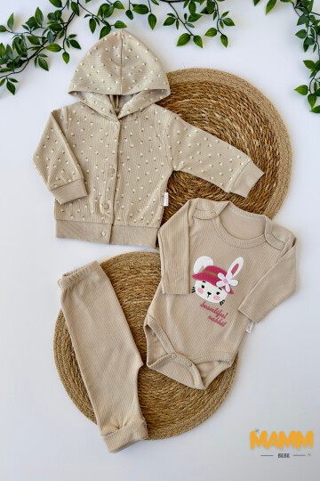 0-9 AY 3LÜ ÇİÇEK DESENLİ TAKIM KAHVE