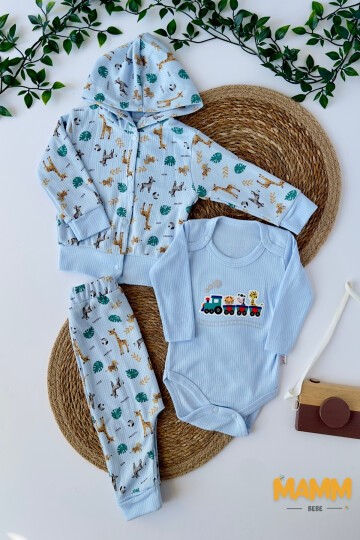 0-9 AY 3LÜ ZÜRAFA DESENLİ TAKIM MAVİ