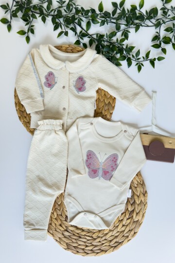0-9 AY 3LÜ YAKALI KELEBEK NAKIŞLI TAKIM EKRU