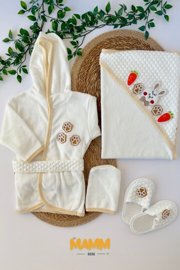 TAVŞANLI BEBEK HAVLU BORNOZ TAKIMI KREM